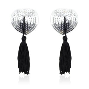 Pezoneras Autoadhesivas Forma de Corazón con Lentejuelas Negro/Plata